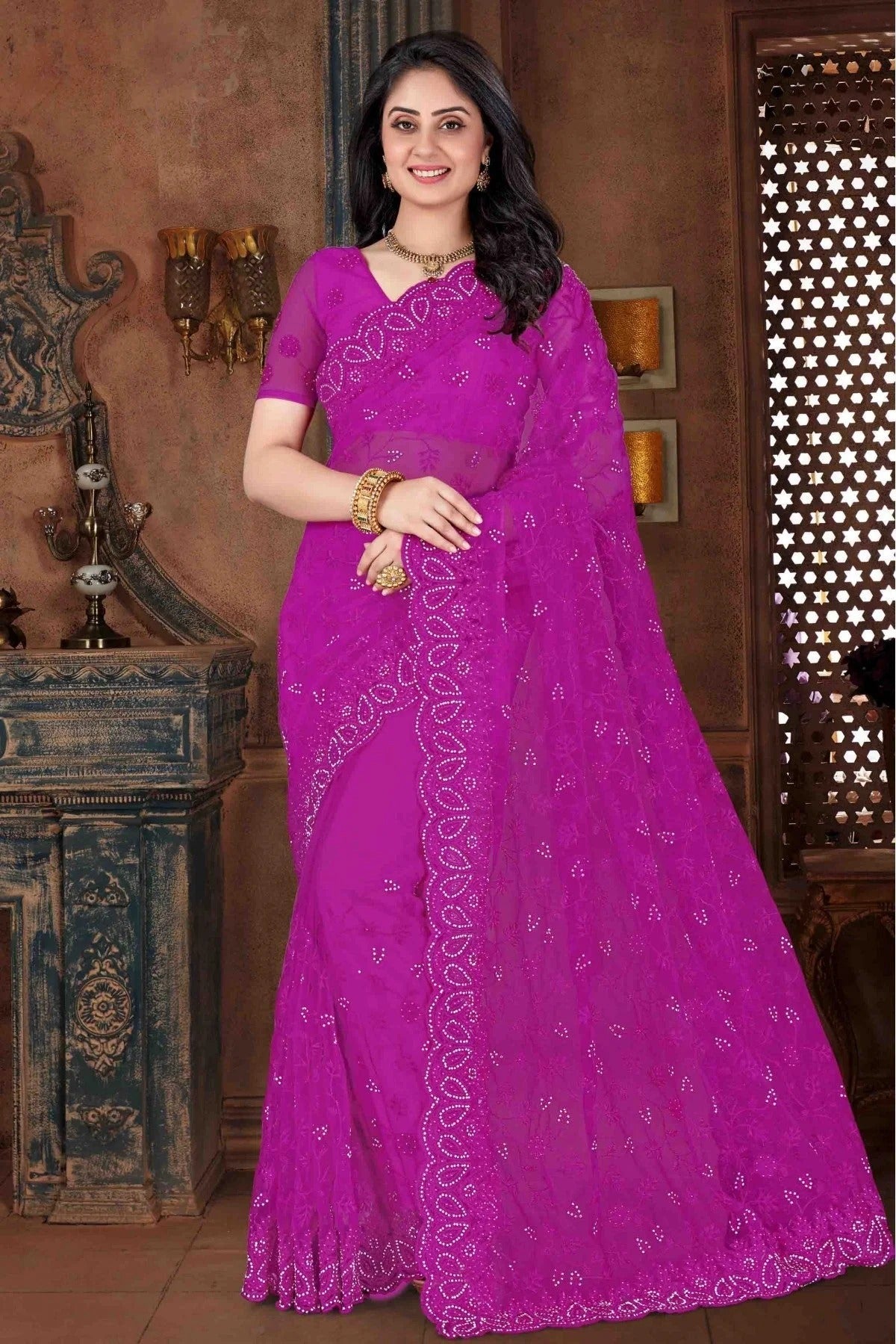 Purple Colour Net Embroidery Saree SD1090113