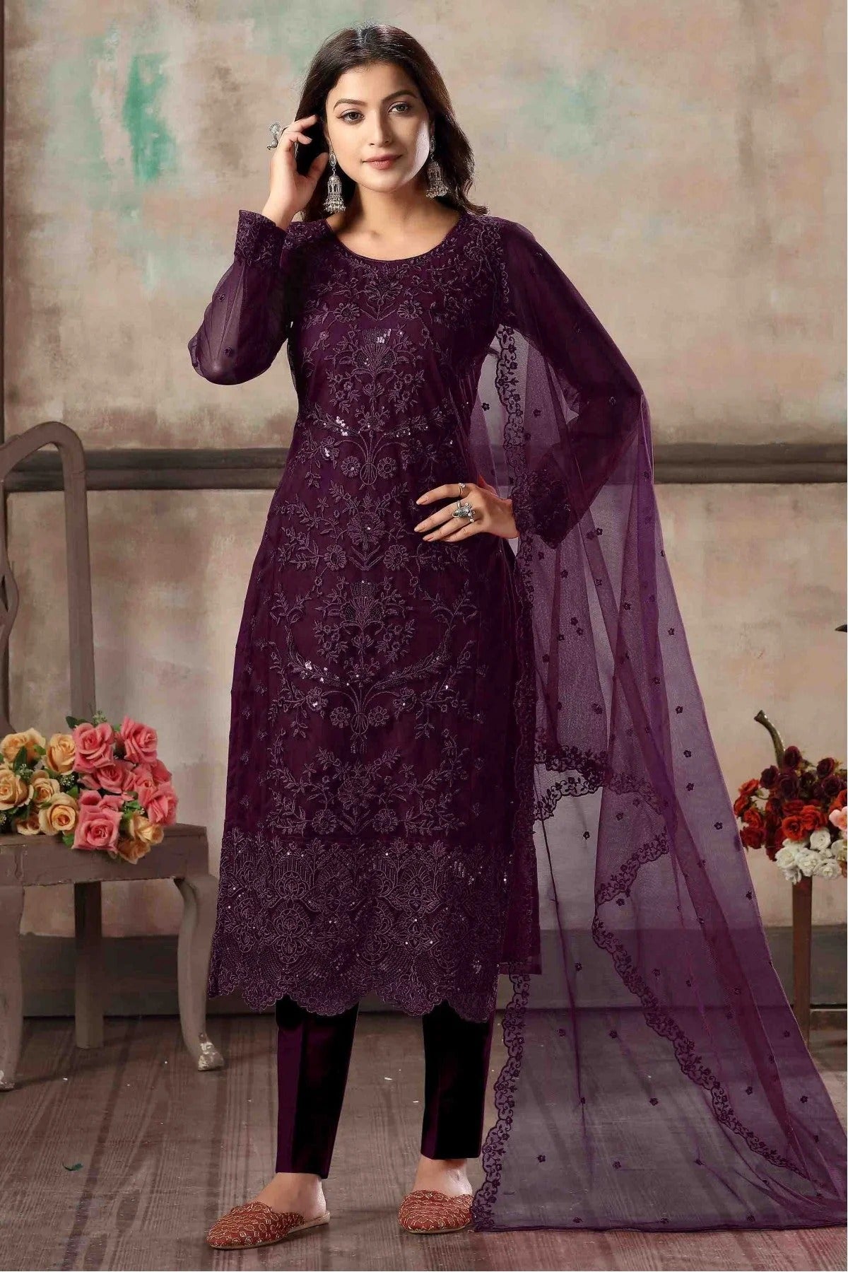Purple Colour Net Pant Style Suit SM1050026