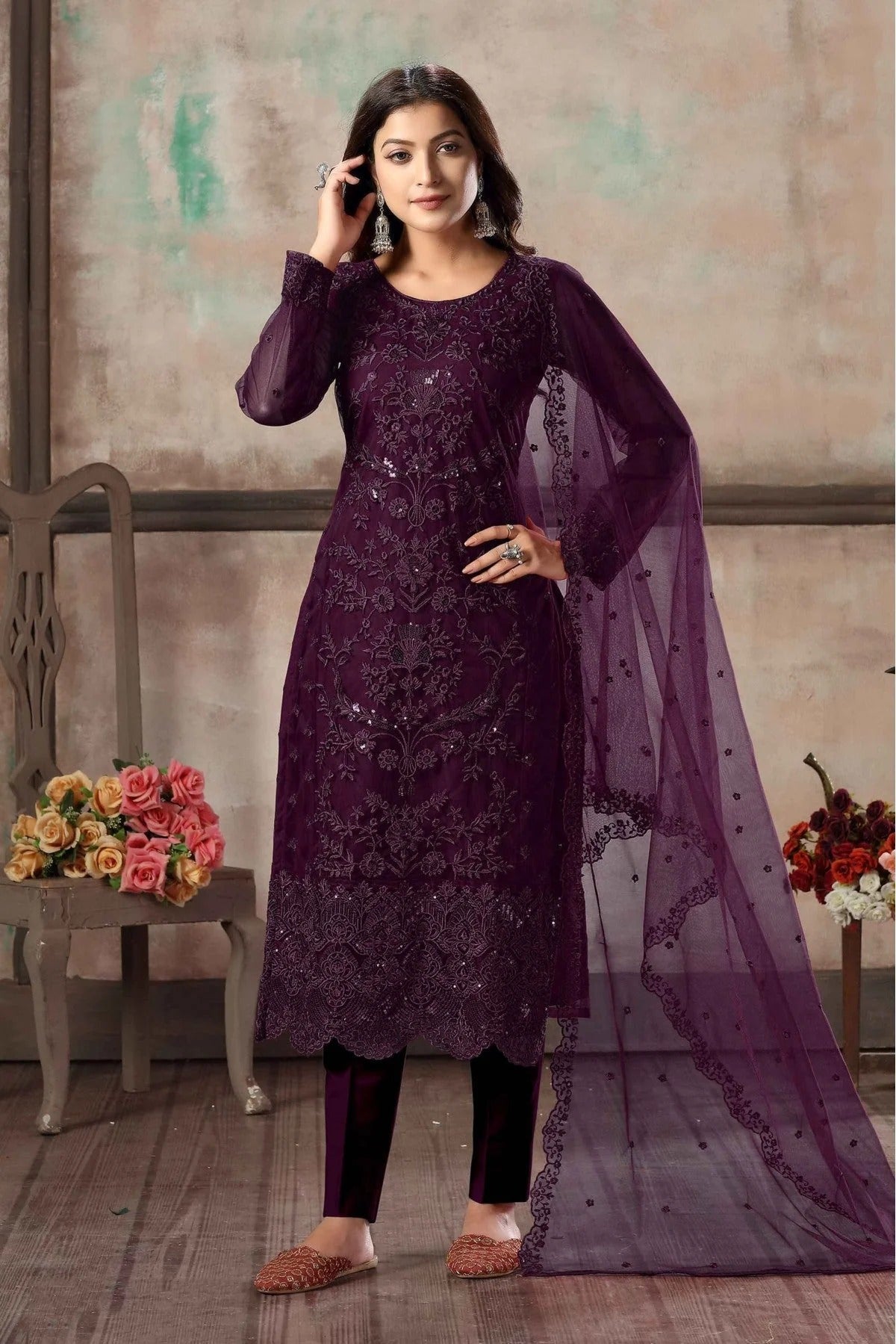 Purple Colour Net Pant Style Suit SM1050077