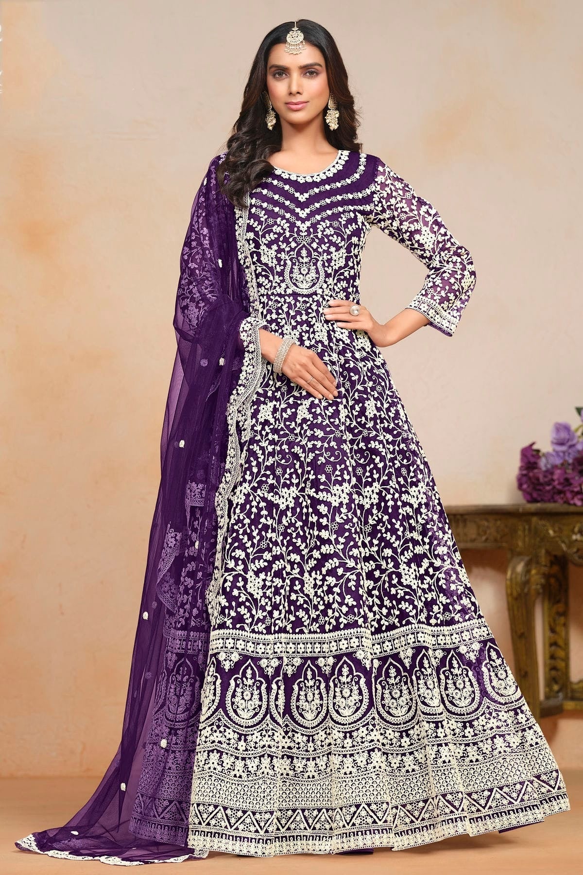 Purple Colour Net Semi Stitched Anarkali Suit SM1050606