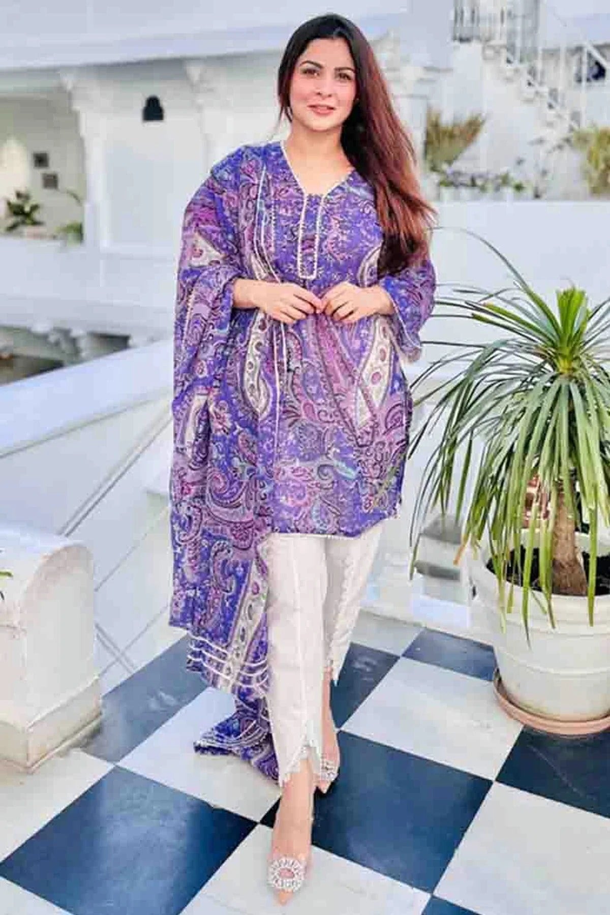 Purple Colour Printed Viscose Pant Style Suit SS1113491