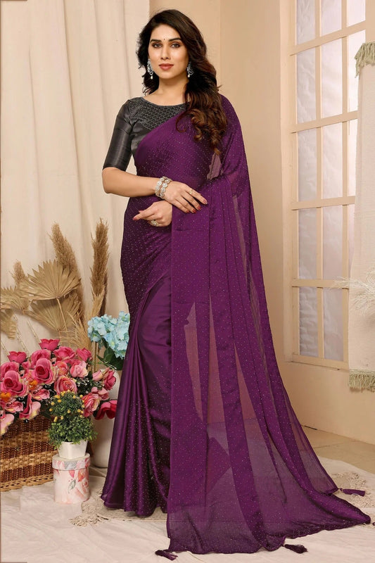 Purple Colour Satin Chiffon Stone Work Saree SD1180085