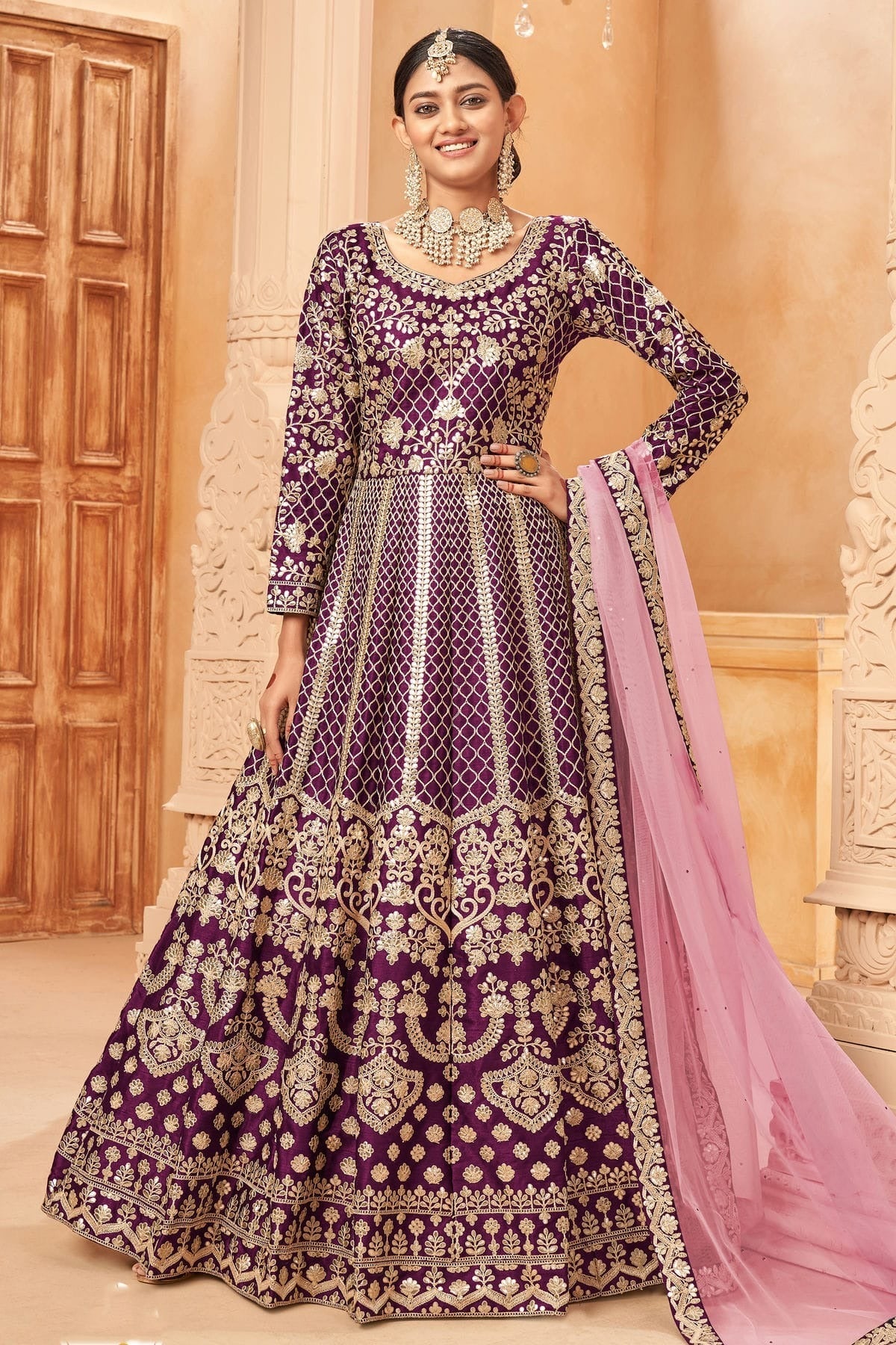 Purple Colour Semi Stitched Art Silk Anarkali Suit SM1050406