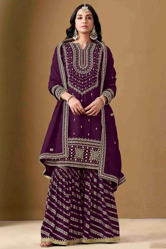 Purple Colour Semi Stitched Art Silk Palazzo Pant Suit SM1050752
