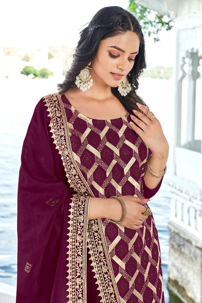Purple Colour Semi Stitched Blooming Vichitra Pant Style Suit SM1140164 A