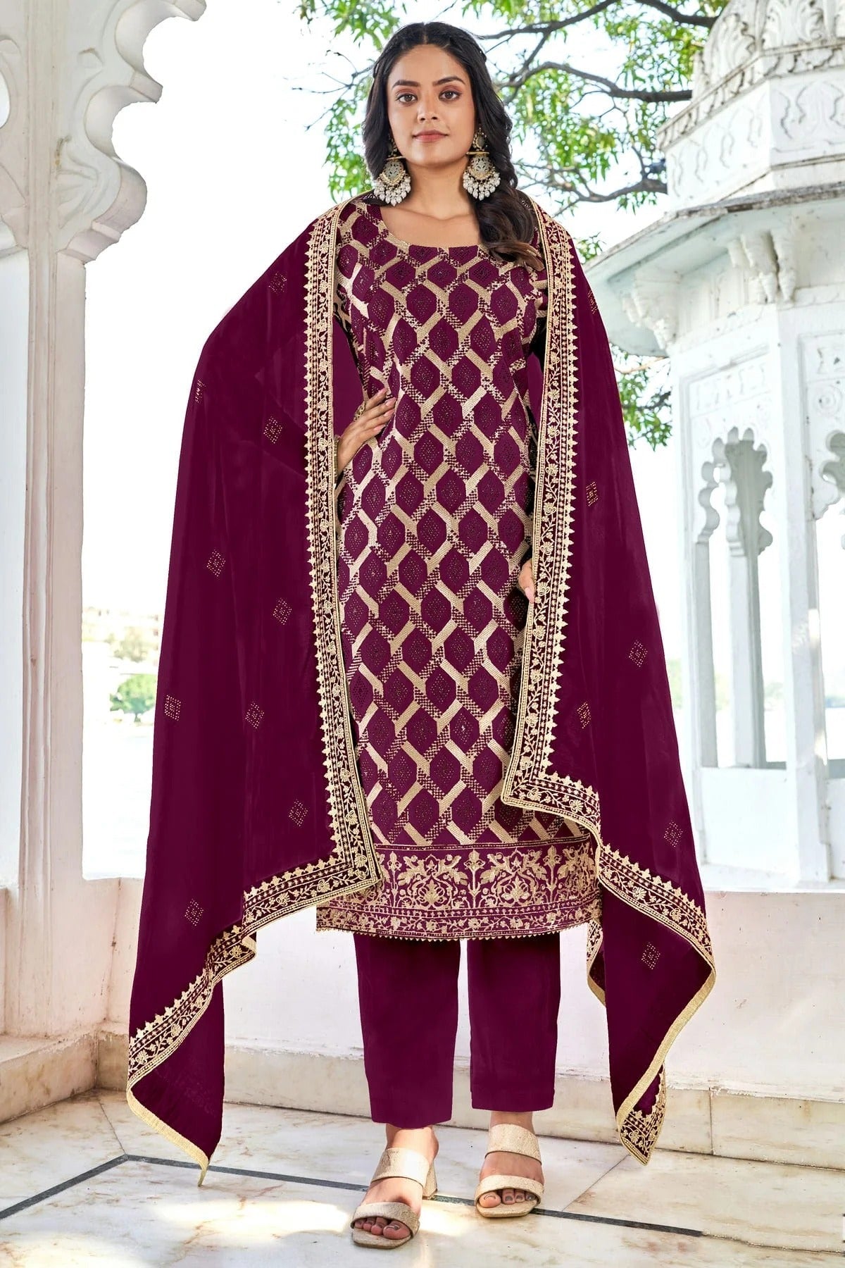 Purple Colour Semi Stitched Blooming Vichitra Pant Style Suit SM1140164