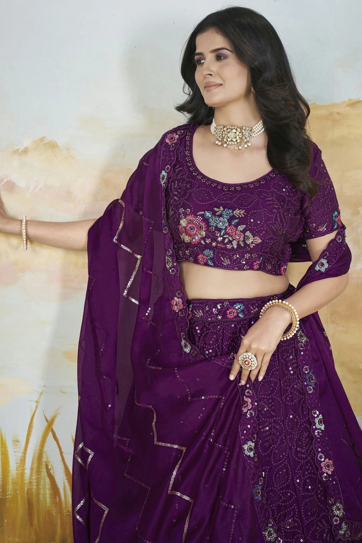 Purple Colour Semi Stitched Chinon Lehenga Choli LC1112520 B