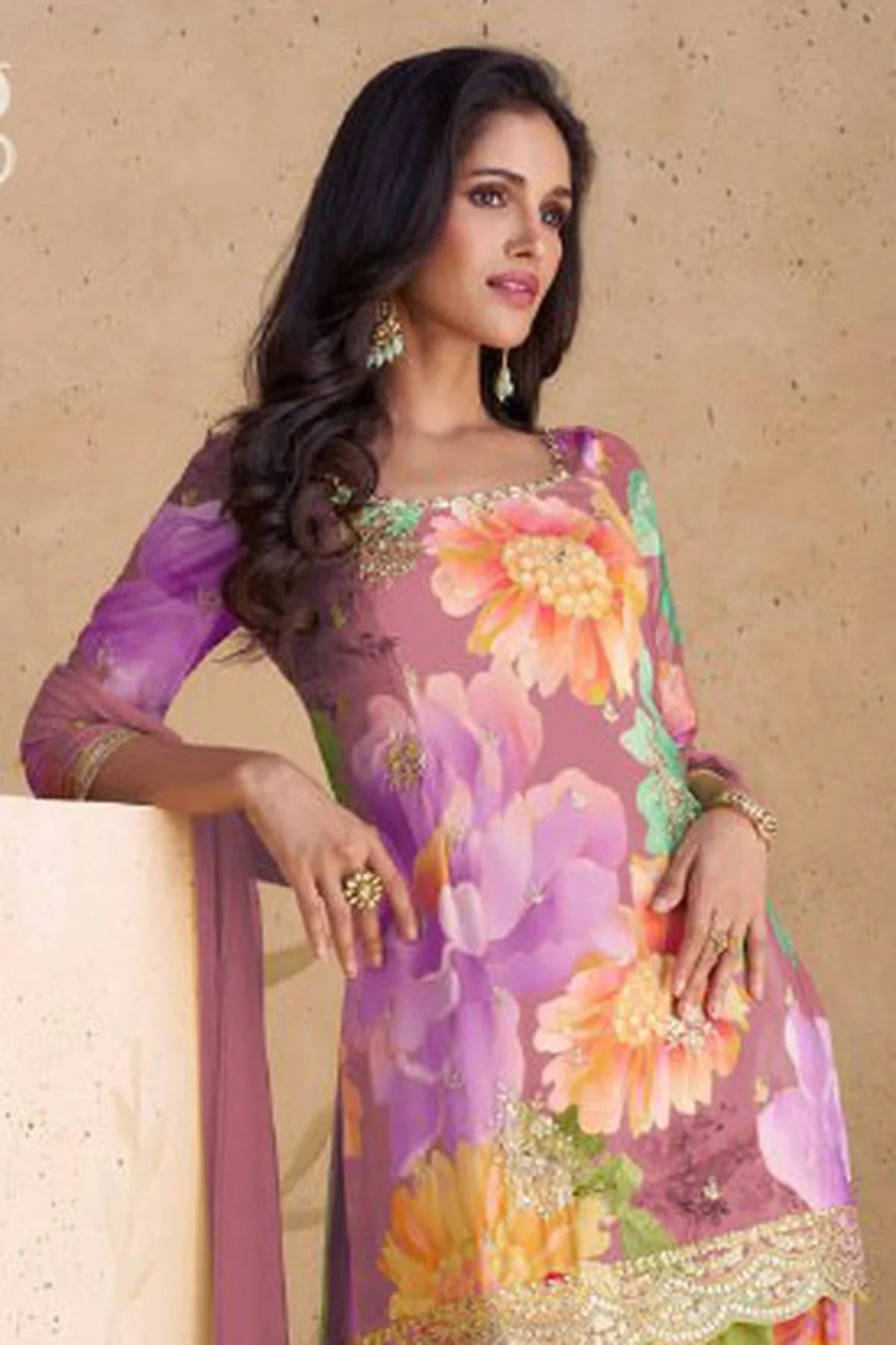 Purple Colour Semi Stitched Chinon Palazzo Pant Suit SM1140245 A
