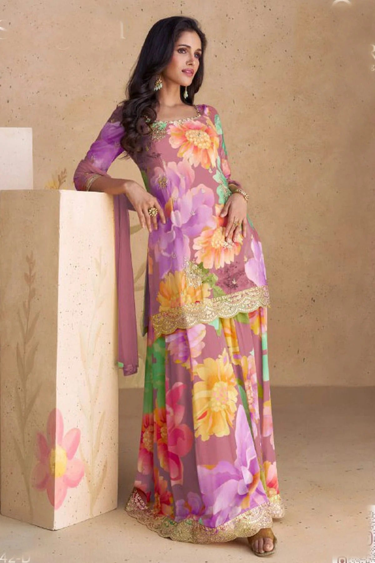 Purple Colour Semi Stitched Chinon Palazzo Pant Suit SM1140245
