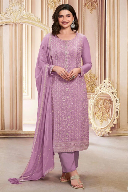 Purple Colour Semi Stitched Faux Georgette Pant Style Suit SM1140287