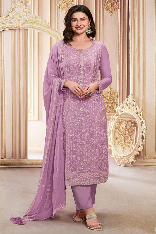 Purple Colour Semi Stitched Faux Georgette Pant Style Suit SM1140287