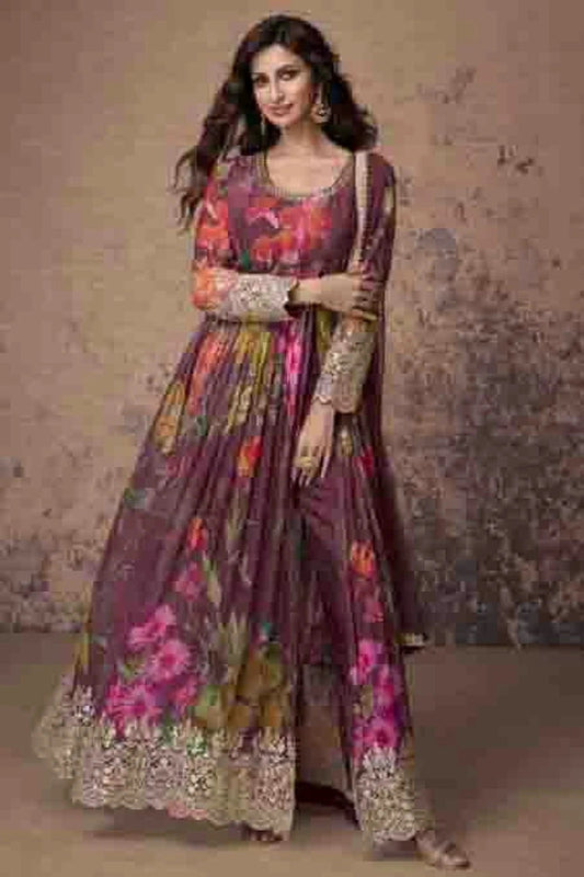 Purple Colour Semi Stitched Faux Georgette Pant Style Suit SM1140676