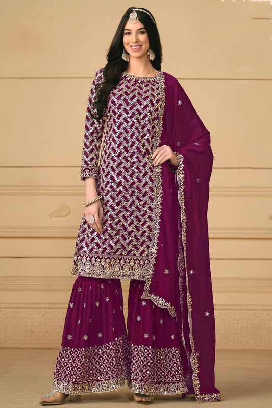 Purple Colour Semi Stitched Faux Georgette Sharara Suit SM1050474