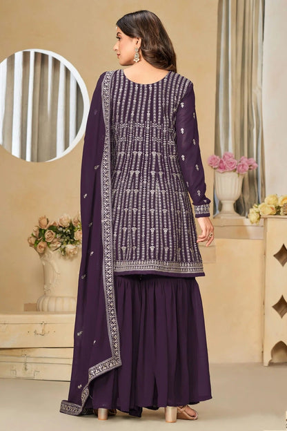 Purple Colour Semi Stitched Faux Georgette Sharara Suit SM1050482 A