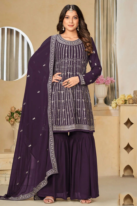 Purple Colour Semi Stitched Faux Georgette Sharara Suit SM1050482