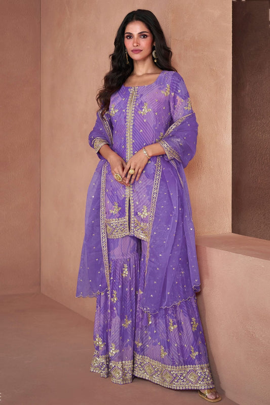 Purple Colour Semi Stitched Faux Georgette Sharara Suit SM1140382