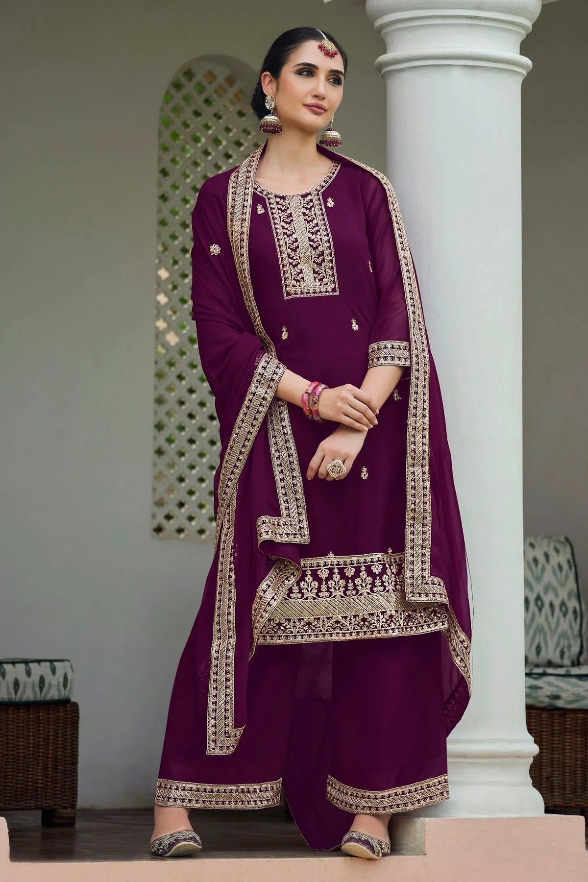 Purple Colour Semi Stitched Georgette Palazzo Pant Suit SM1140300