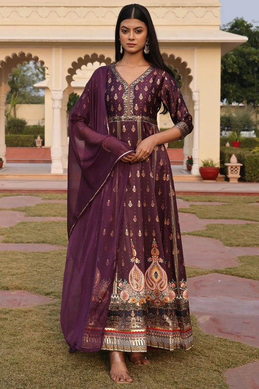 Purple Colour Semi Stitched Satin Anarkali Suit SM1170036