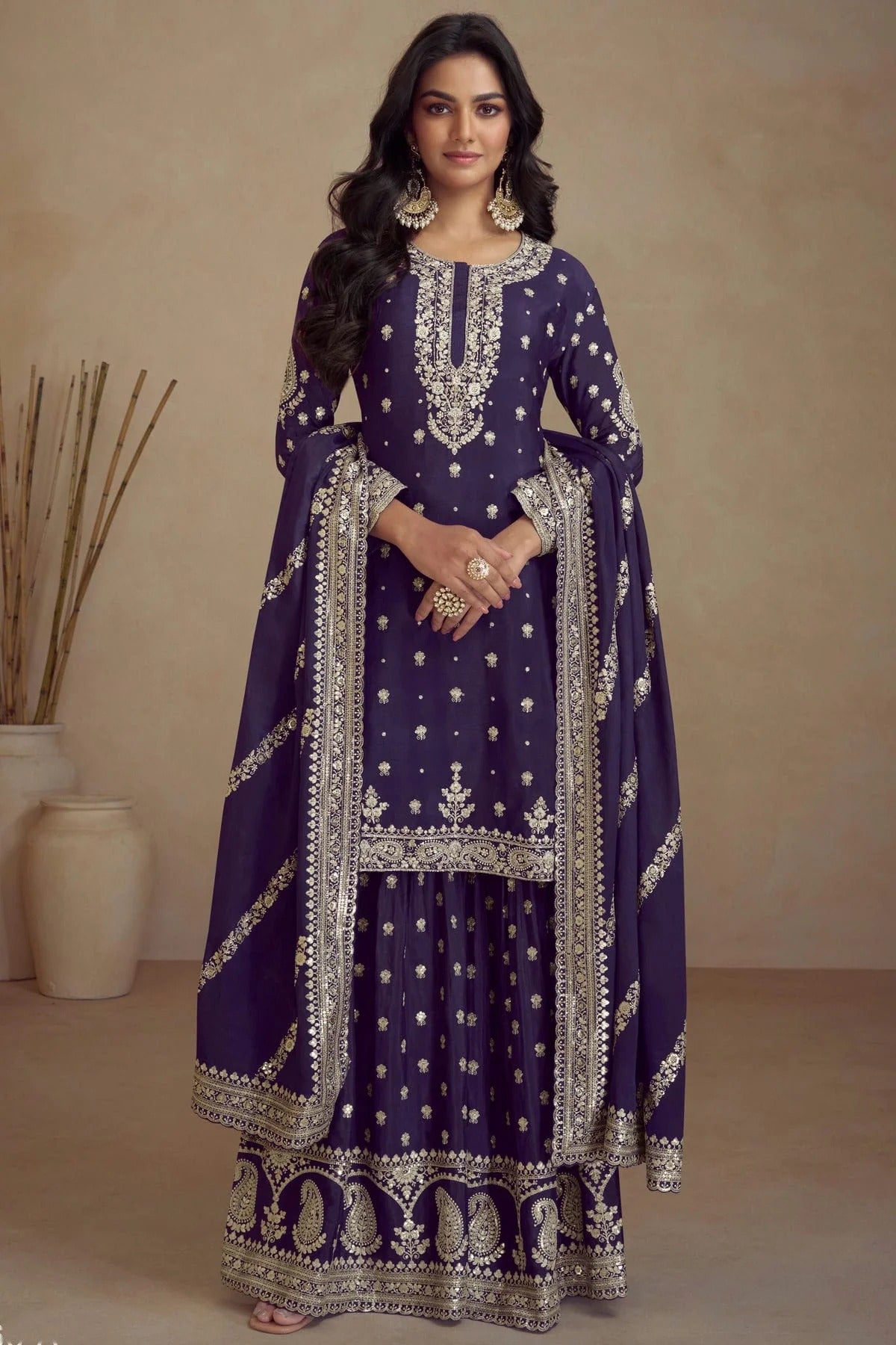 Purple Colour Semi Stitched Silk Palazzo Pant Suit SM1140668