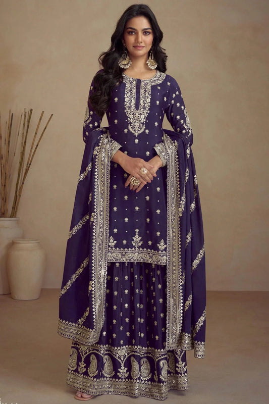 Purple Colour Semi Stitched Silk Palazzo Pant Suit SM1140668