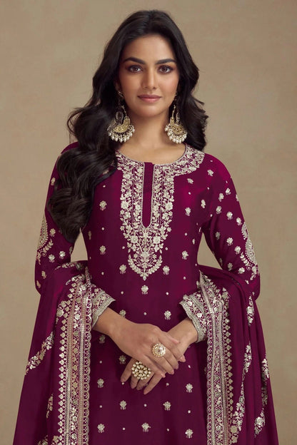 Purple Colour Semi Stitched Silk Palazzo Pant Suit SM1140673 A