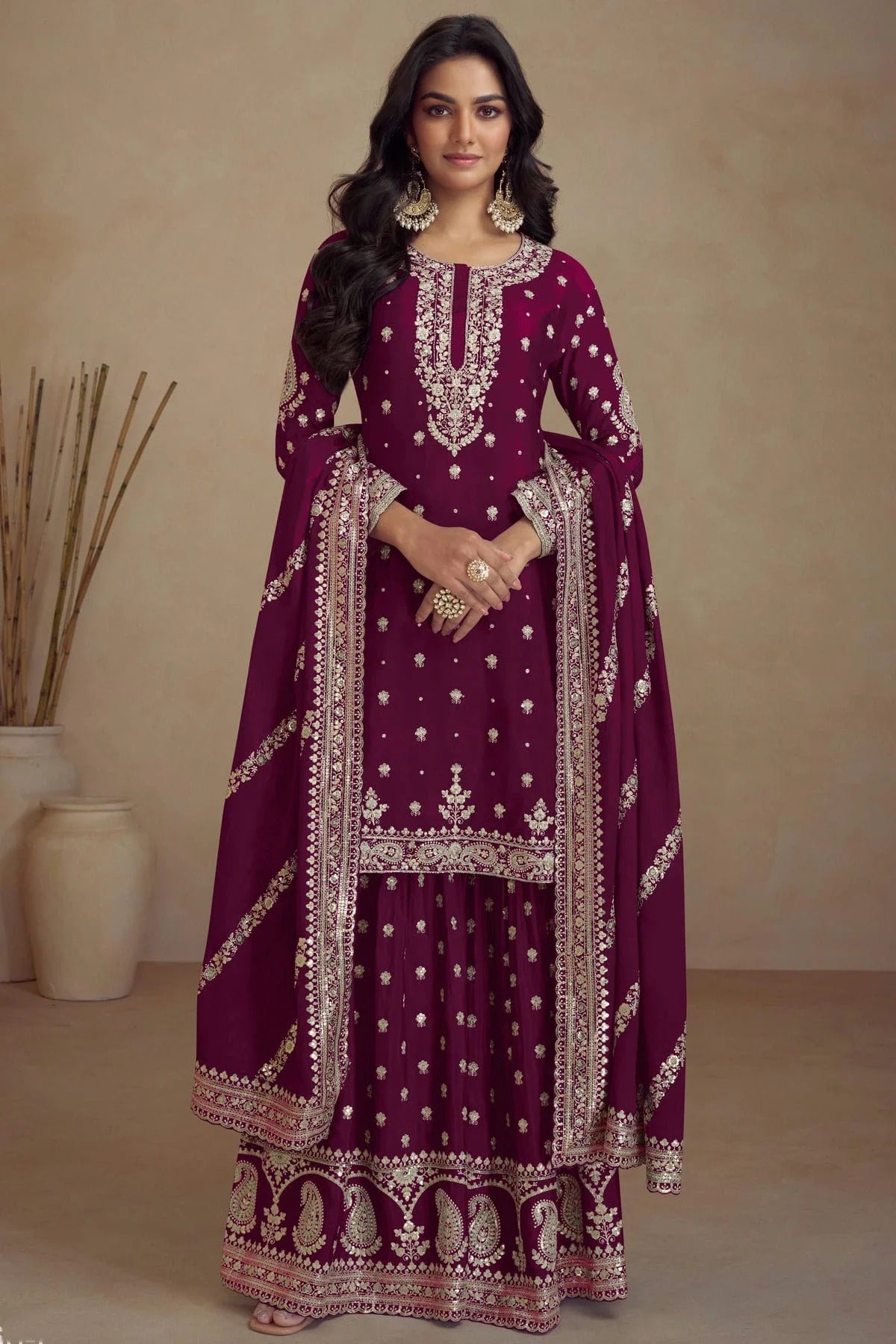 Purple Colour Semi Stitched Silk Palazzo Pant Suit SM1140673