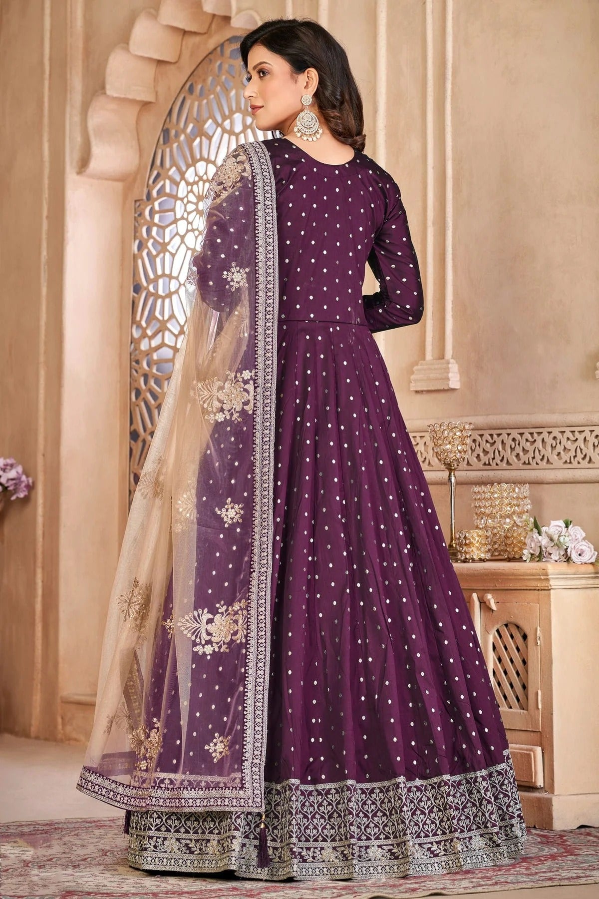 Purple Colour Semi Stitched Taffeta Silk Anarkali Suit SM1050421 A