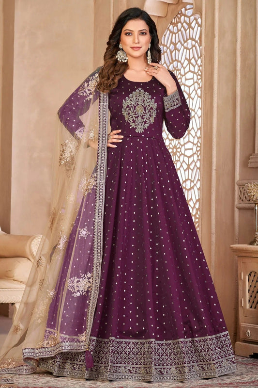 Purple Colour Semi Stitched Taffeta Silk Anarkali Suit SM1050421
