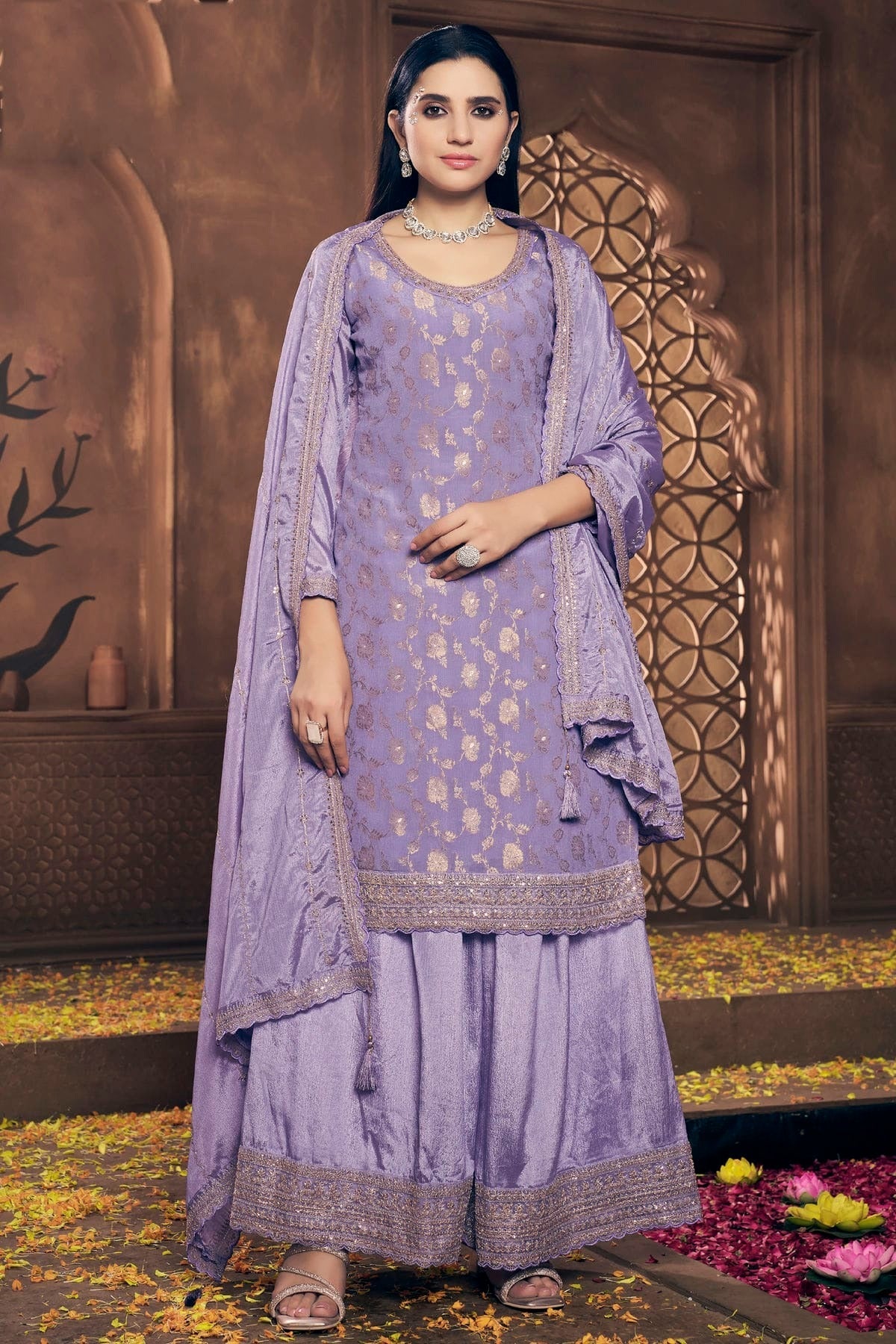 Purple Colour Semi Stitched Viscose Chinon Palazzo Pant Suit SM1140290