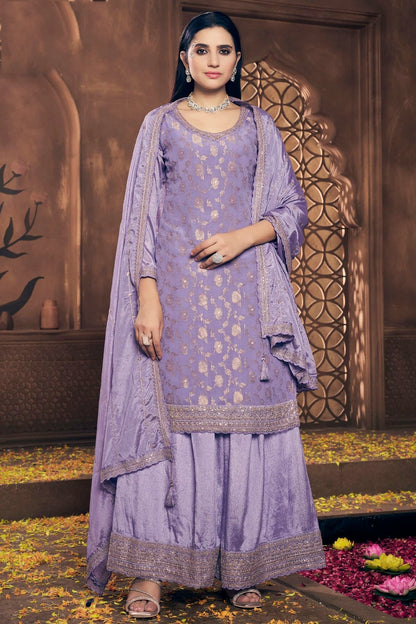 Purple Colour Semi Stitched Viscose Chinon Palazzo Pant Suit SM1140290