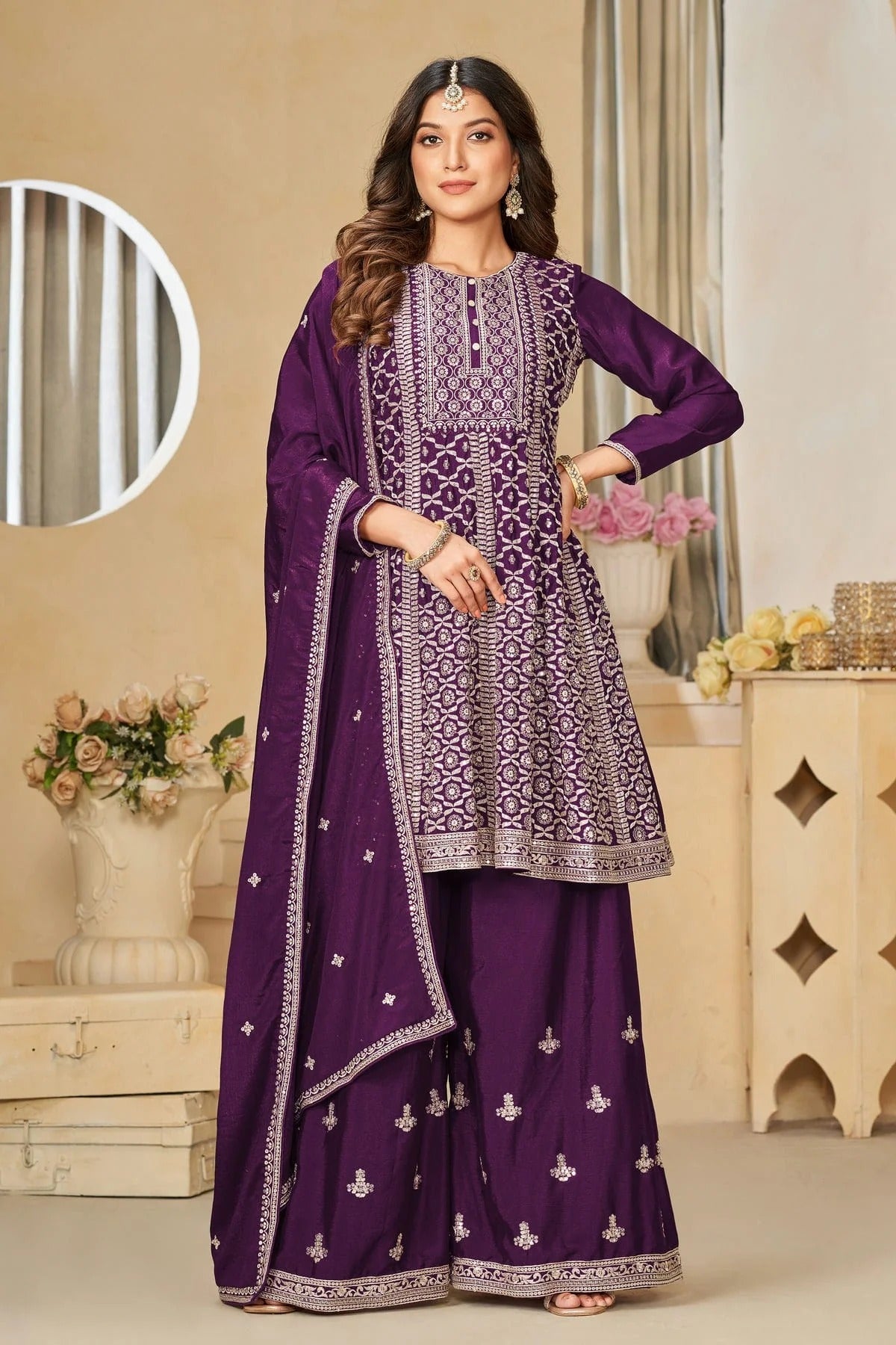 Purple Colour Sharara Suit Chinon Semi Stitched SM1050506