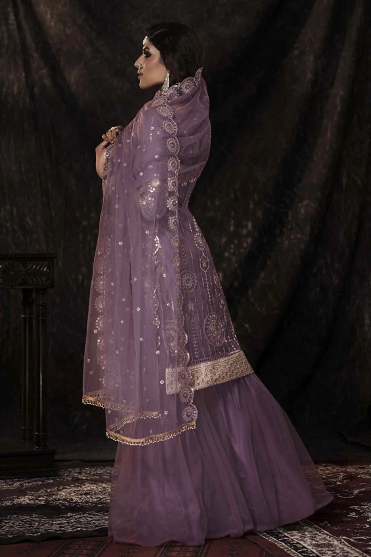Purple Colour Soft Net Sequins Work Sharara Suit SM1080661 A
