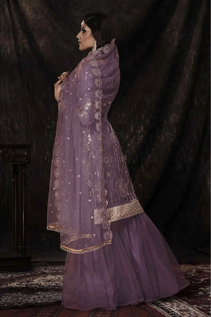 Purple Colour Soft Net Sequins Work Sharara Suit SM1080661 A