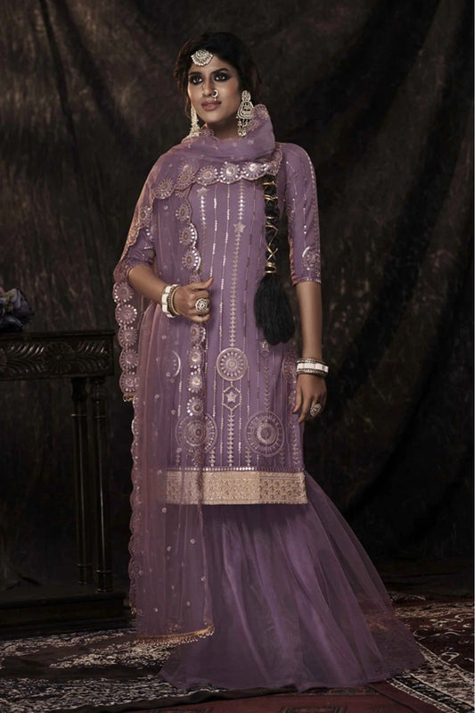 Purple Colour Soft Net Sequins Work Sharara Suit SM1080661