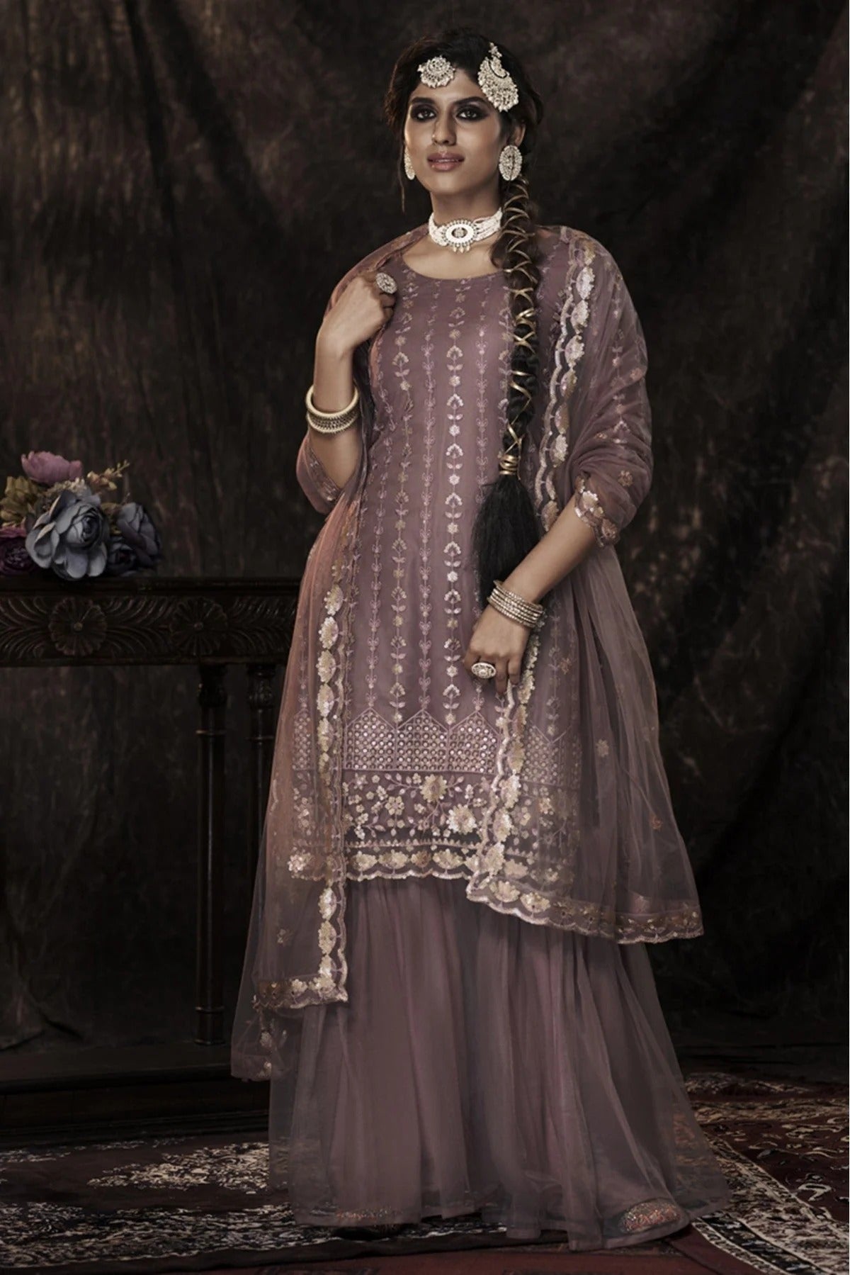 Purple Colour Soft Net Sequins Work Sharara Suit SM1080664