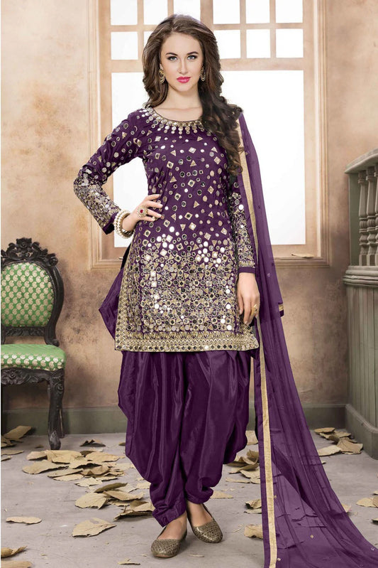Purple Colour Taffeta Silk Embroidery Patiala Suit SM1050224