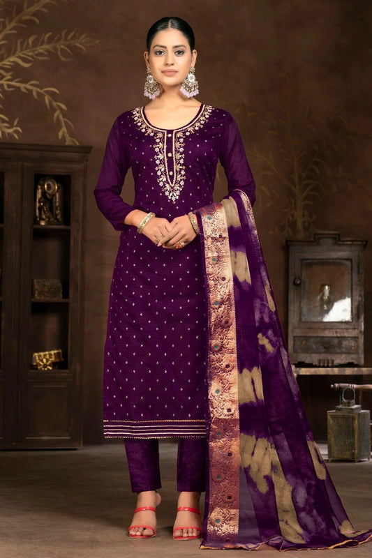 Purple Colour Unstitched Cotton Jacquard Pant Style Suit US1161319