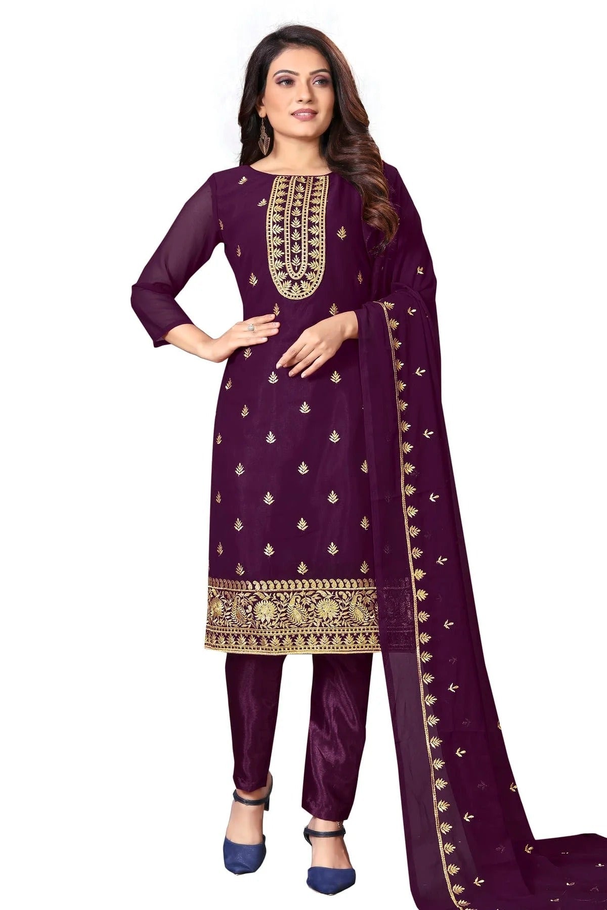Purple Colour Unstitched Faux Georgette Straight Suit US1160640