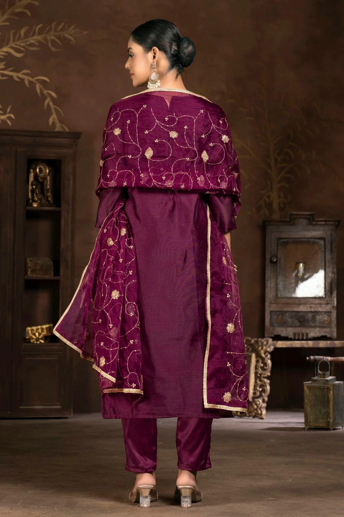Purple Colour Unstitched Modal Cotton Jacquard Pant Style Suit US1161274 A