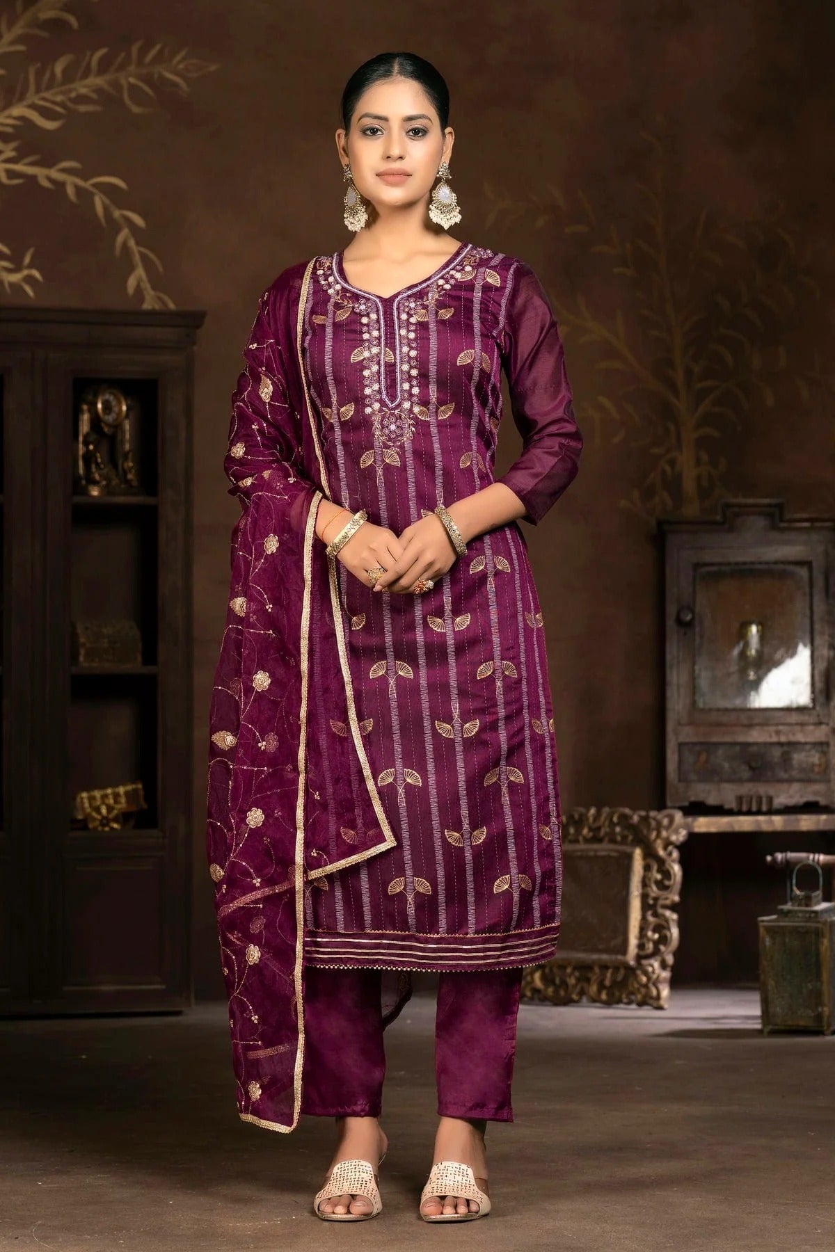 Purple Colour Unstitched Modal Cotton Jacquard Pant Style Suit US1161274