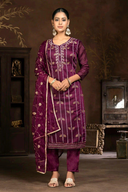 Purple Colour Unstitched Modal Cotton Jacquard Pant Style Suit US1161274