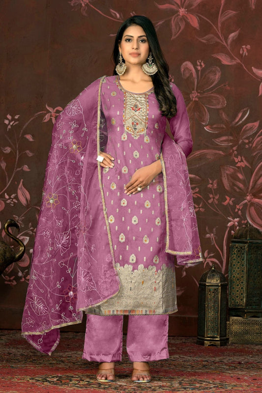 Purple Colour Unstitched Organza Jacquard Straight Suit US1161321