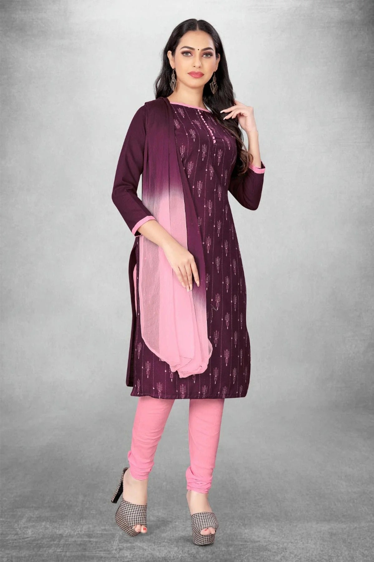 Purple Colour Unstitched Slub Cotton Churidar Suit US1160756