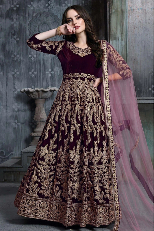 Purple Colour Velvet Embroidery Anarkali Suit SM1050171