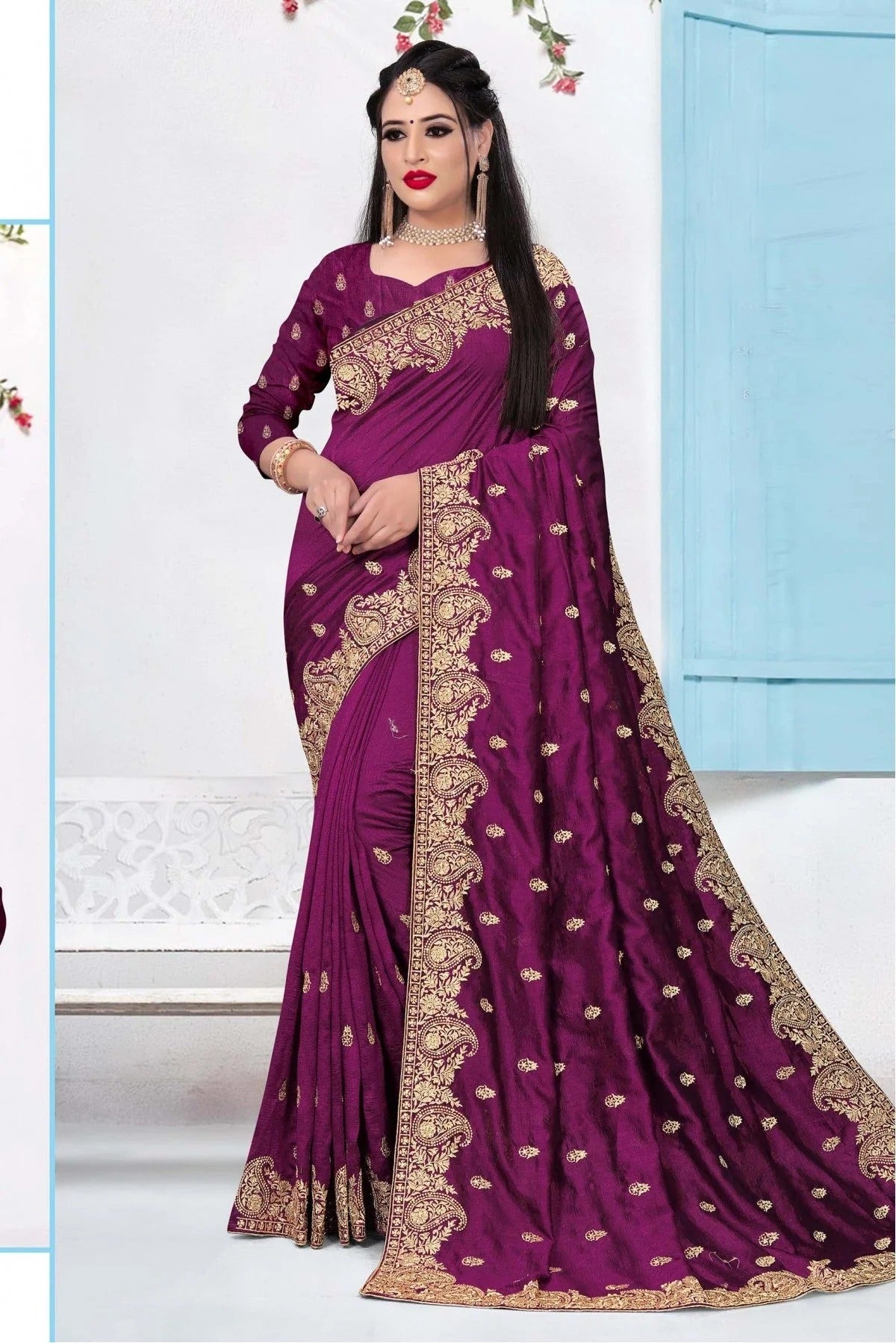 Purple Colour Vichitra Silk Embroidery Saree SD1090150