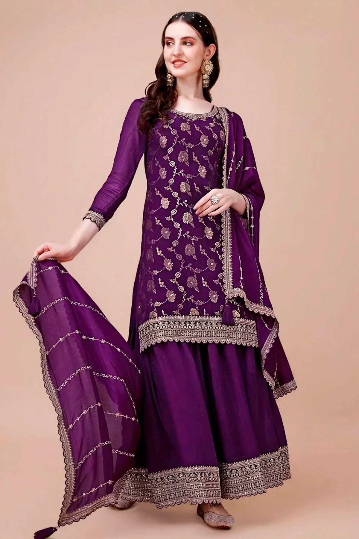 Purple Colour Viscose Chinon Sharara Suit SM1110727
