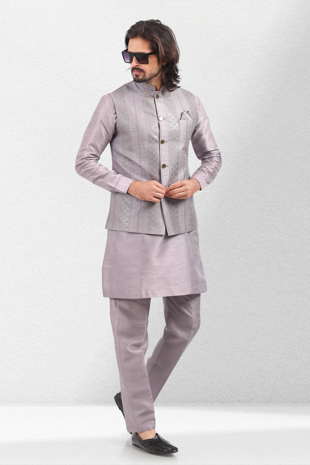 Purple Light Colour Art Silk Thread Work Kurta Pajama With Jacket