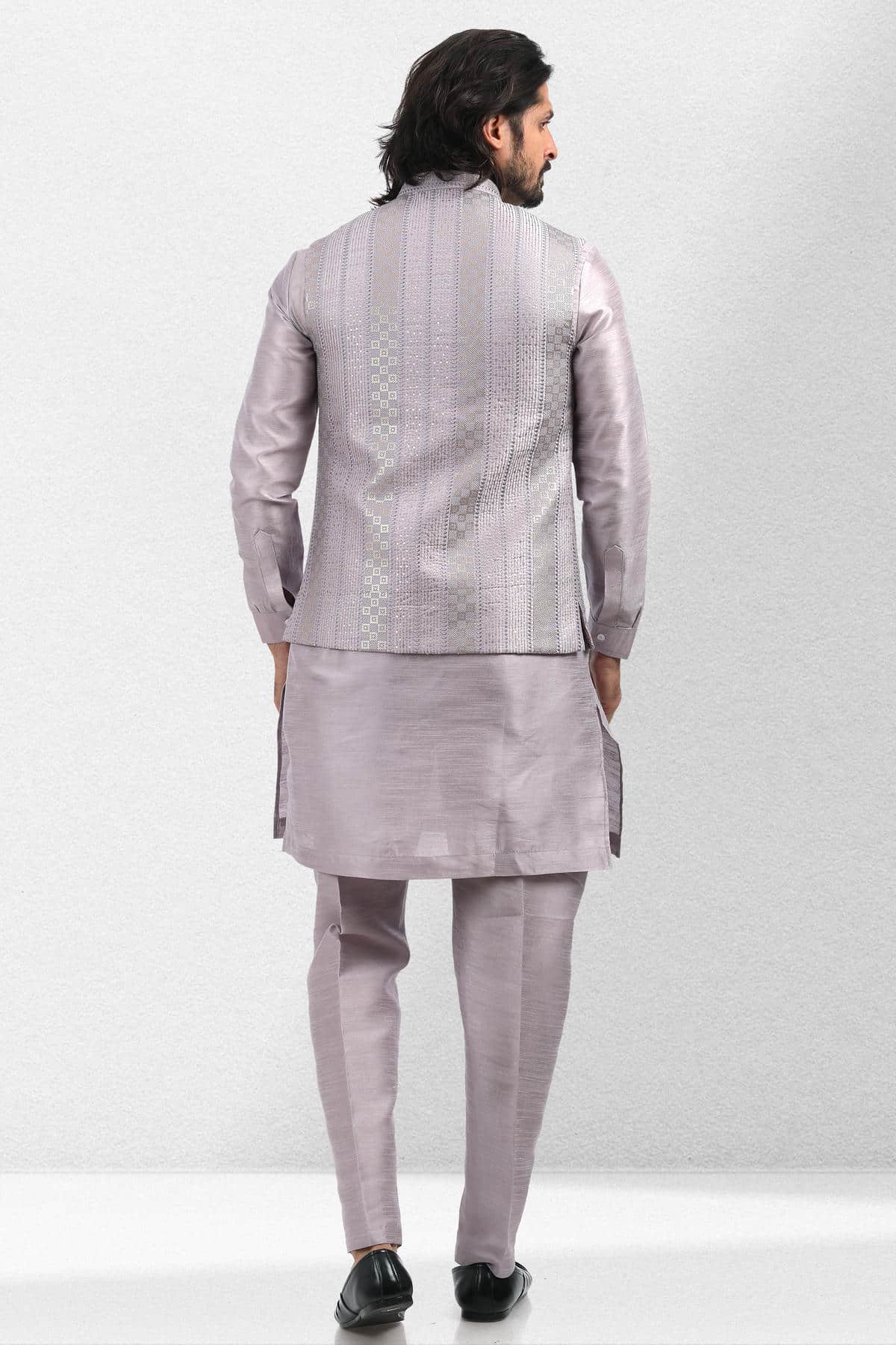 Purple Light Colour Art Silk Thread Work Kurta Pajama With Jacket