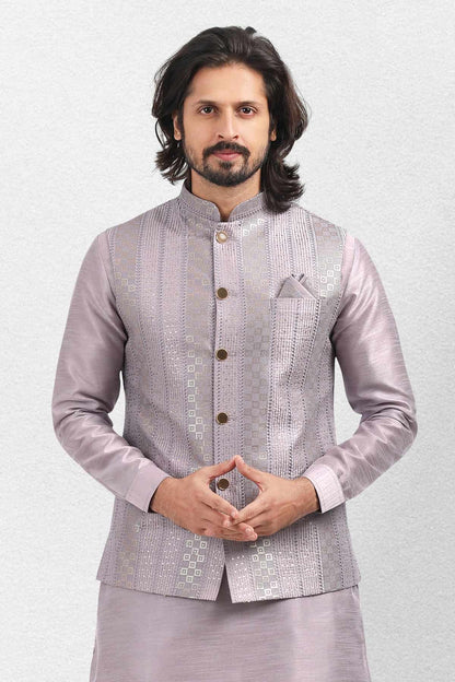 Purple Light Colour Art Silk Thread Work Kurta Pajama With Jacket