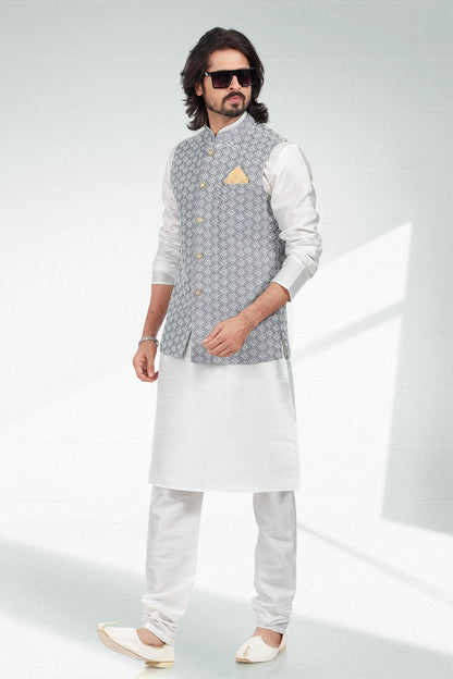 Purple Light Colour Art Silk Thread Work Kurta Pajama With Jacket